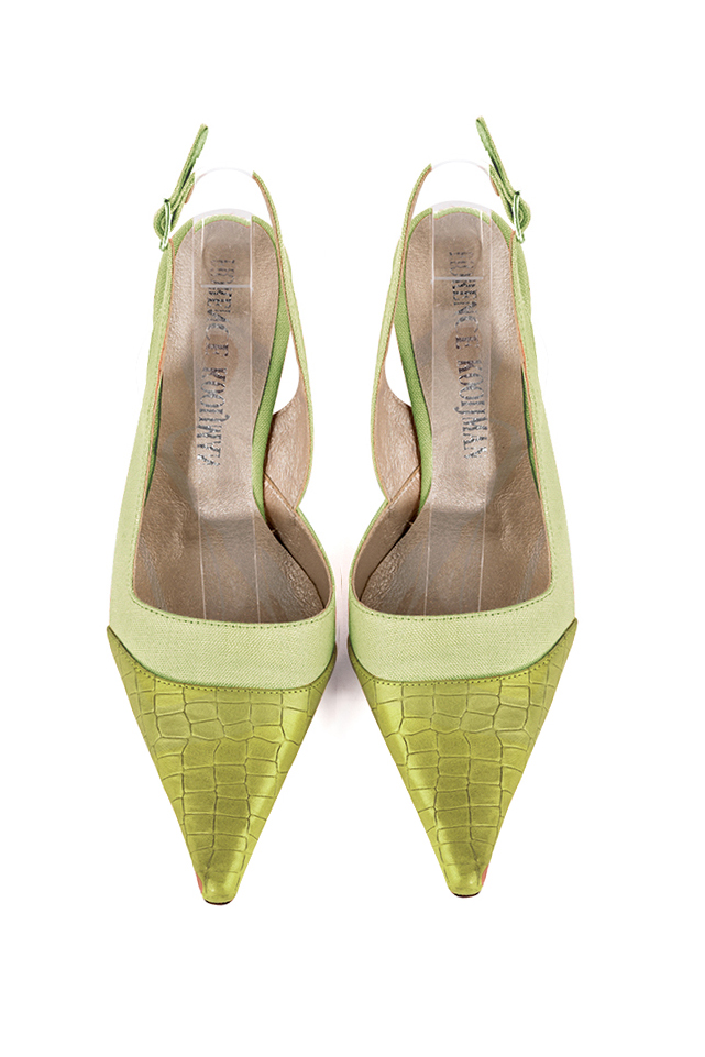 Women's pistachio green and meadow green slingback dress shoes. Pointed toe. High spool heels - Top view